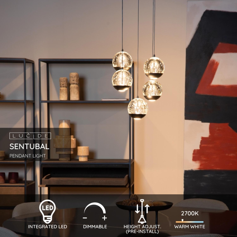 Lucide SENTUBAL - Závesné svietidlo - Ø 35 cm - LED Rozm. - 5x5,2W 2700K - Čierna